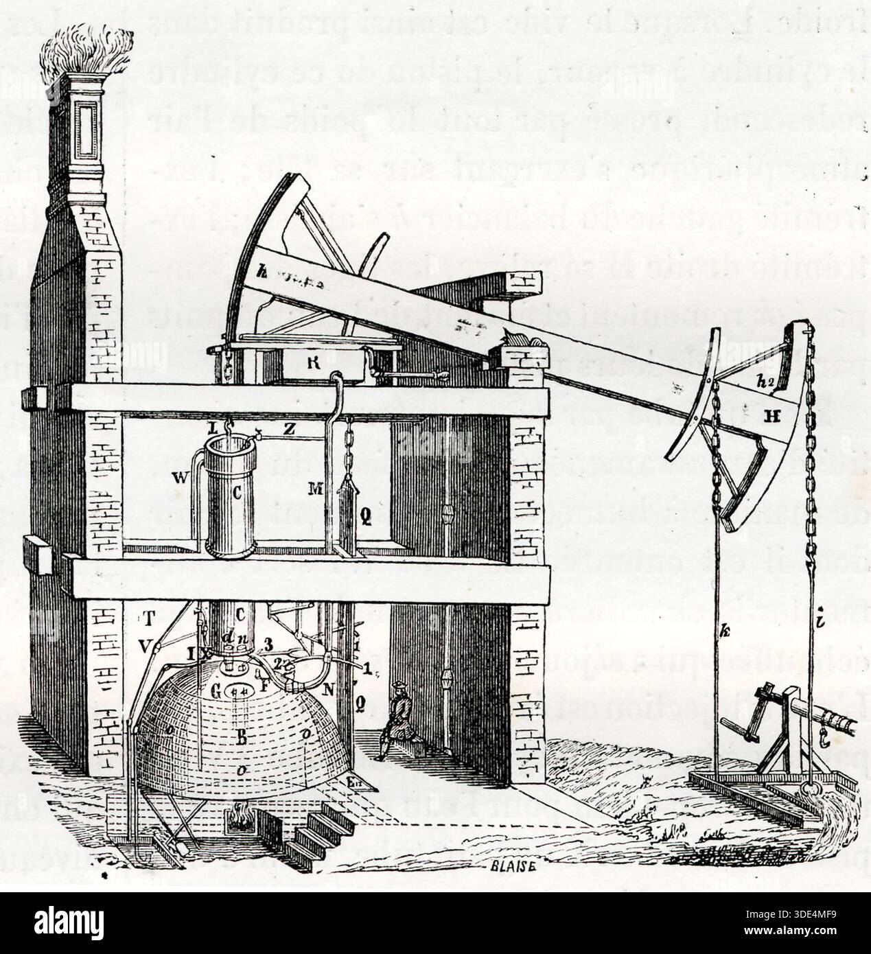 Schema di un motore a vapore atmosferico Newcomen costruito in casa che utilizza la muratura del vano motore come parte del supporto per le luci abbaglianti. Un'incisione dal libro di Louis Figuer "Merveilles de la Science" pubblicato nel 1868 Foto Stock