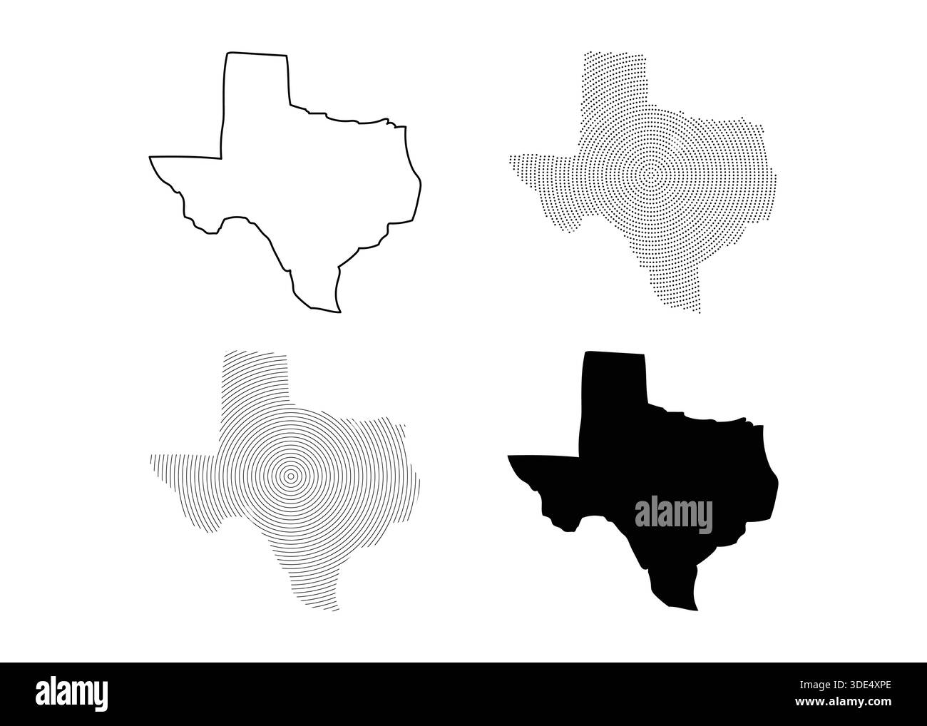Il contorno della mappa dello stato del Texas, i puntini a motivi geometrici e le varianti di silhouette solida in una griglia moderna Illustrazione Vettoriale