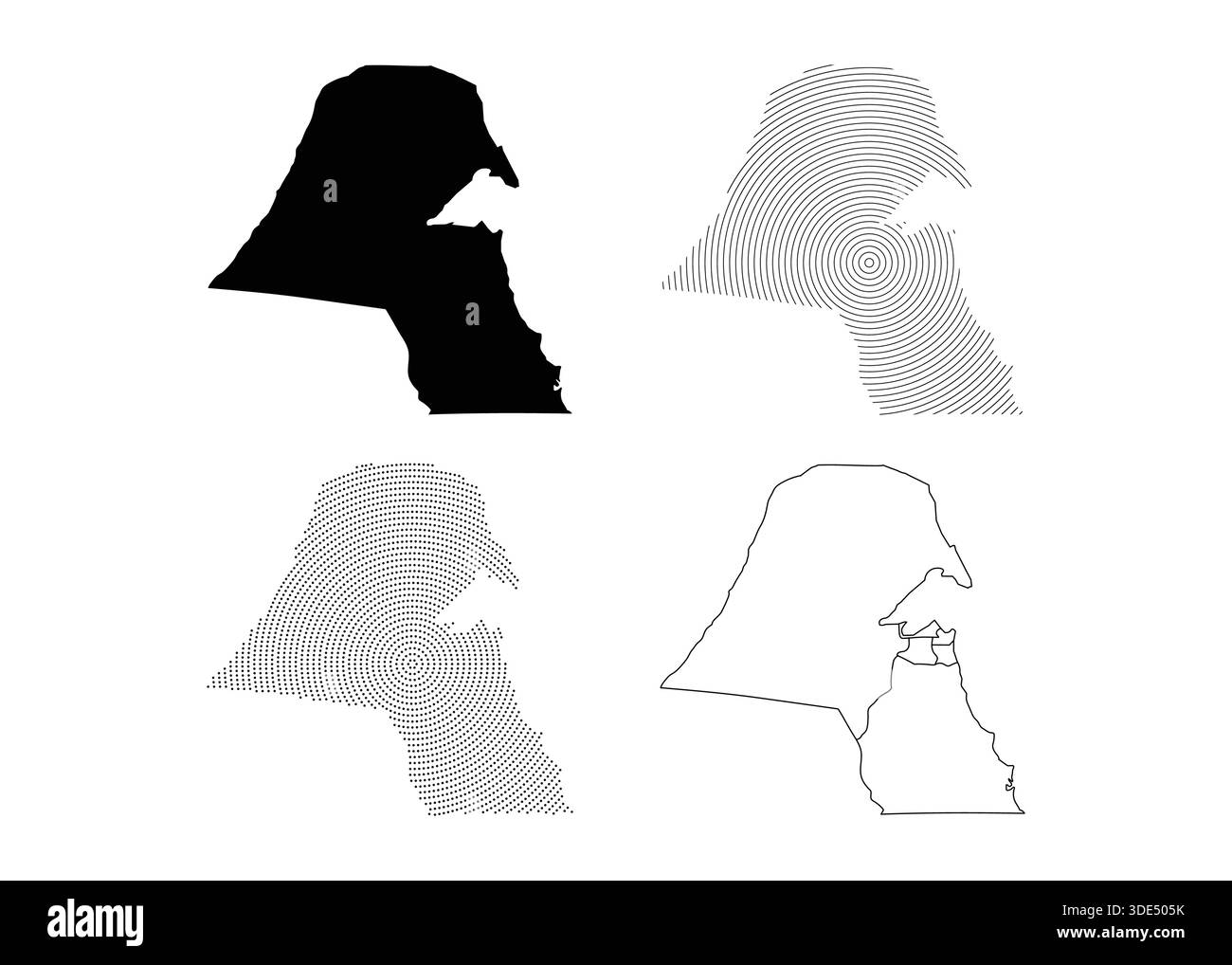 Contorno della mappa del Kuwait, puntini a motivi geometrici e variazioni di silhouette solida in una griglia moderna. Illustrazione Vettoriale