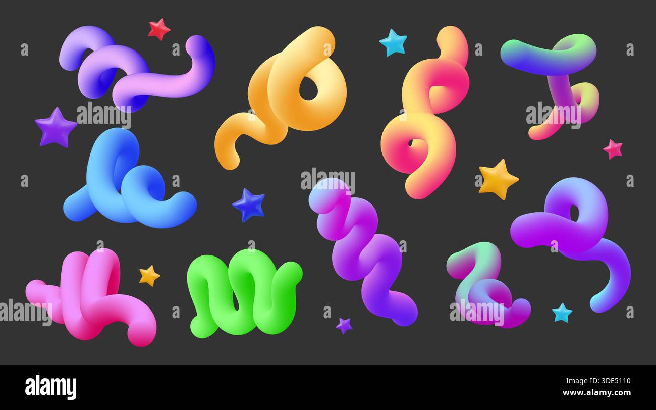 set forma linea 3d. Oggetto gradiente colore liquido astratto, grafico fluido con flusso gradiente. Torsione degli elementi arcobaleno geometrici. Linee di rendering colorate, spirali e stelle. Oggetti isolati dal movimento vettoriale Illustrazione Vettoriale