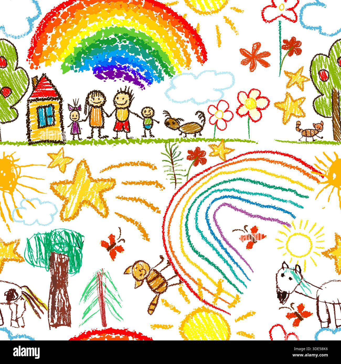 Carino modello di doodle per bambini. Sfondo senza interruzioni con disegni per bambini. Disegnato a mano. Non ai, illustrazione vettoriale. Illustrazione Vettoriale