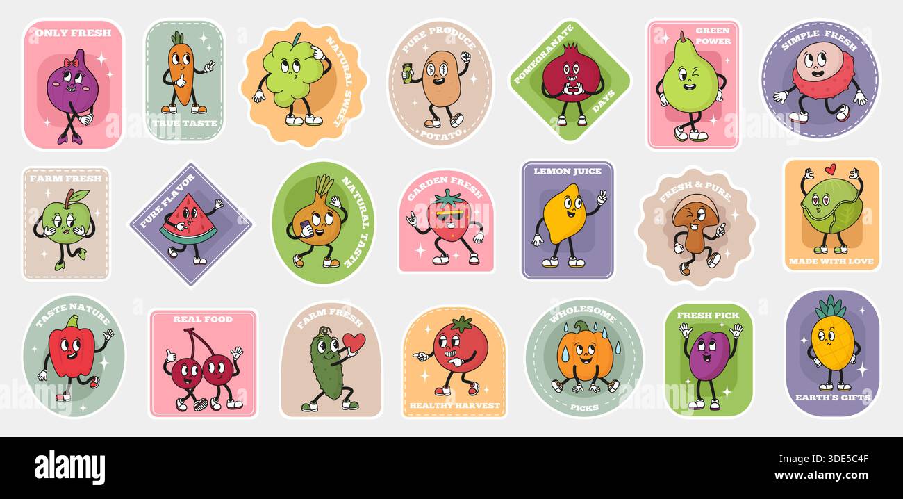 Adesivi di frutta e verdura. Personaggi retrò dei cartoni animati di frutta e verdura con volti comici. Etichette vivaci per prodotti freschi del mercato agricolo, neoterici Illustrazione Vettoriale
