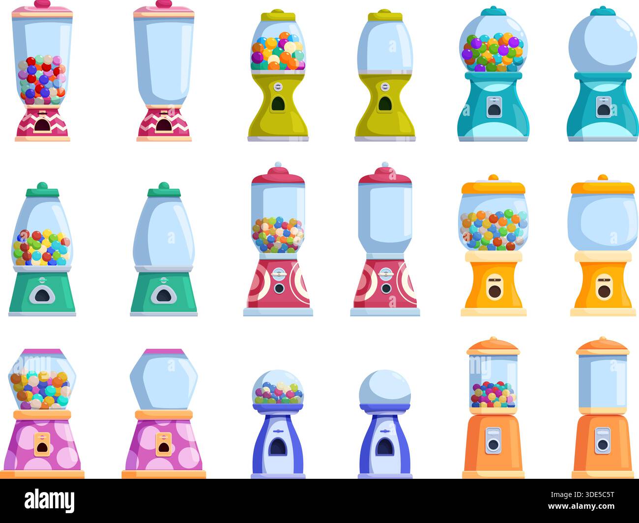 Macchine per caramelle Bubblegum. Dolci nei distributori automatici, palline colorate a cartoni animati. Pallina di cocco multicolore smaltata. Dispenser di vetro vuoto per mercato, Kidzone Illustrazione Vettoriale