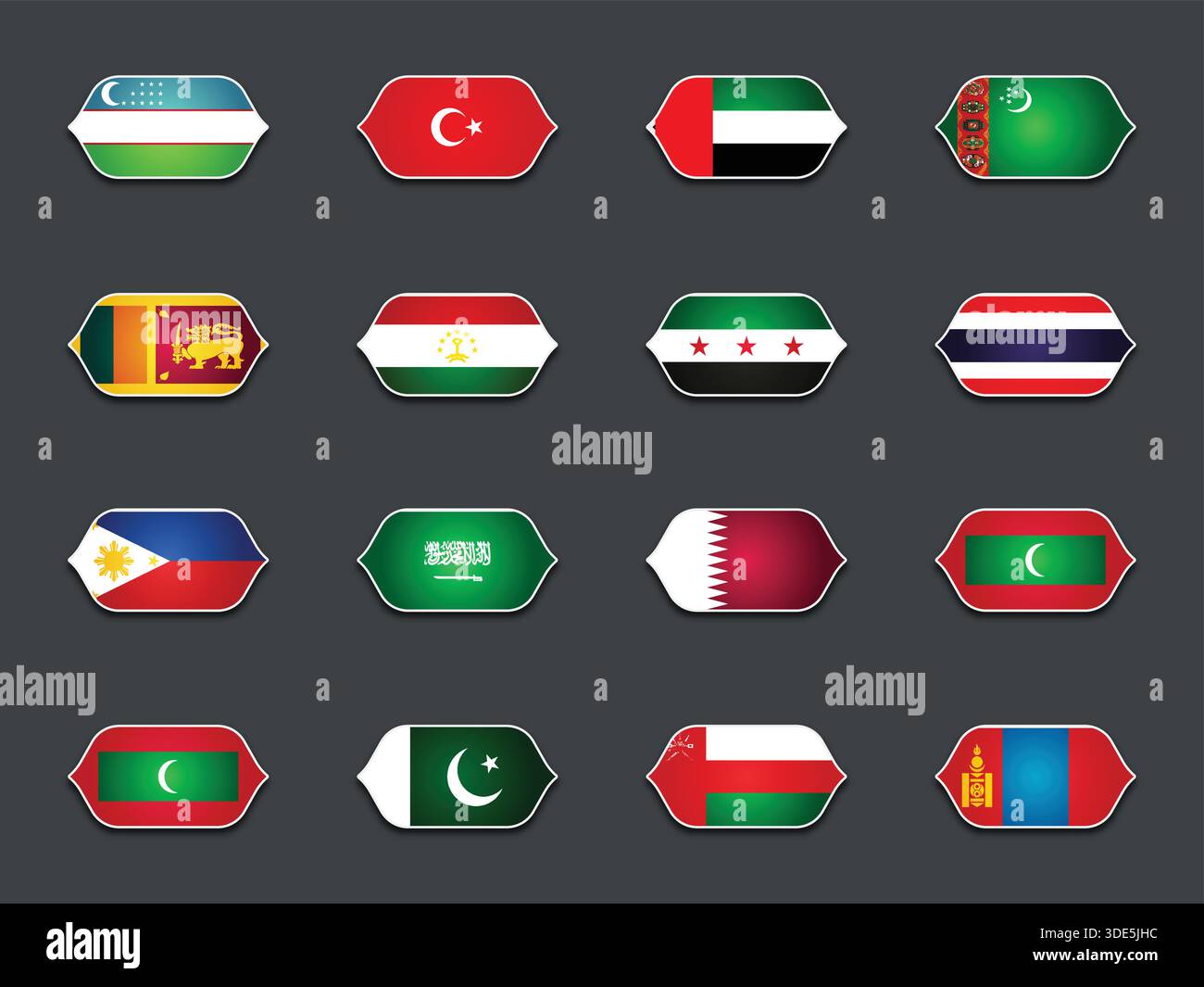 Set di vari flag sagomati isolati su sfondo scuro Illustrazione Vettoriale