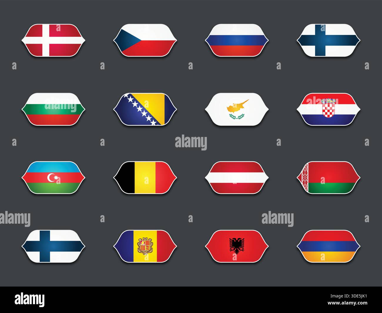 Set di vari flag sagomati isolati su sfondo scuro Illustrazione Vettoriale