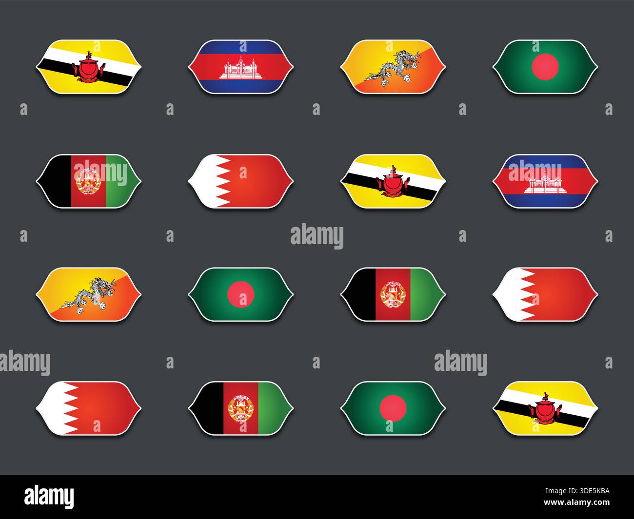 Set di vari flag sagomati isolati su sfondo scuro Illustrazione Vettoriale