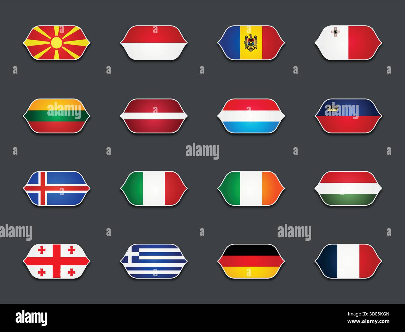 Set di vari flag sagomati isolati su sfondo scuro Illustrazione Vettoriale
