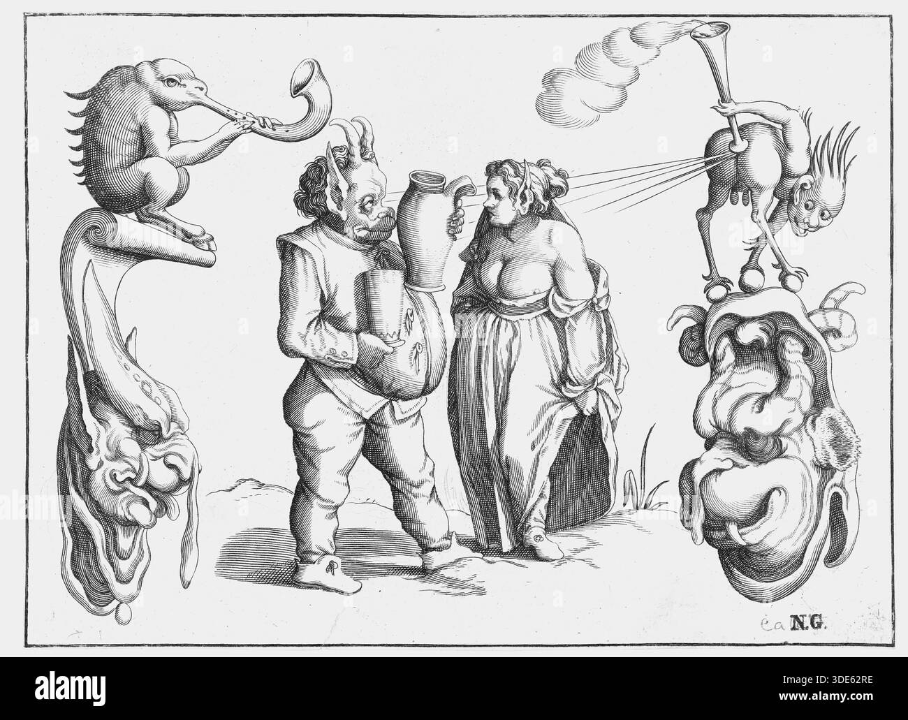 Arent van Bolten - mostro donna e maschio con brocca e tazza - c1604-1616 - la stampa è un classico esempio di arte grottesca, uno stile popolare nel Rinascimento che incorporava figure caricaturate, ibride umane e animali in situazioni bizzarre e spesso umoristiche. La scena presenta diverse figure distorte che si impegnano in un umorismo crudo e scatologico, come la scorteggiatura, che era un elemento comune nelle satire bawdy dell'epoca. Queste stampe spesso mescolavano il reale con la fantasia, attingendo a tradizioni medievali e antiche della caricatura. Foto Stock