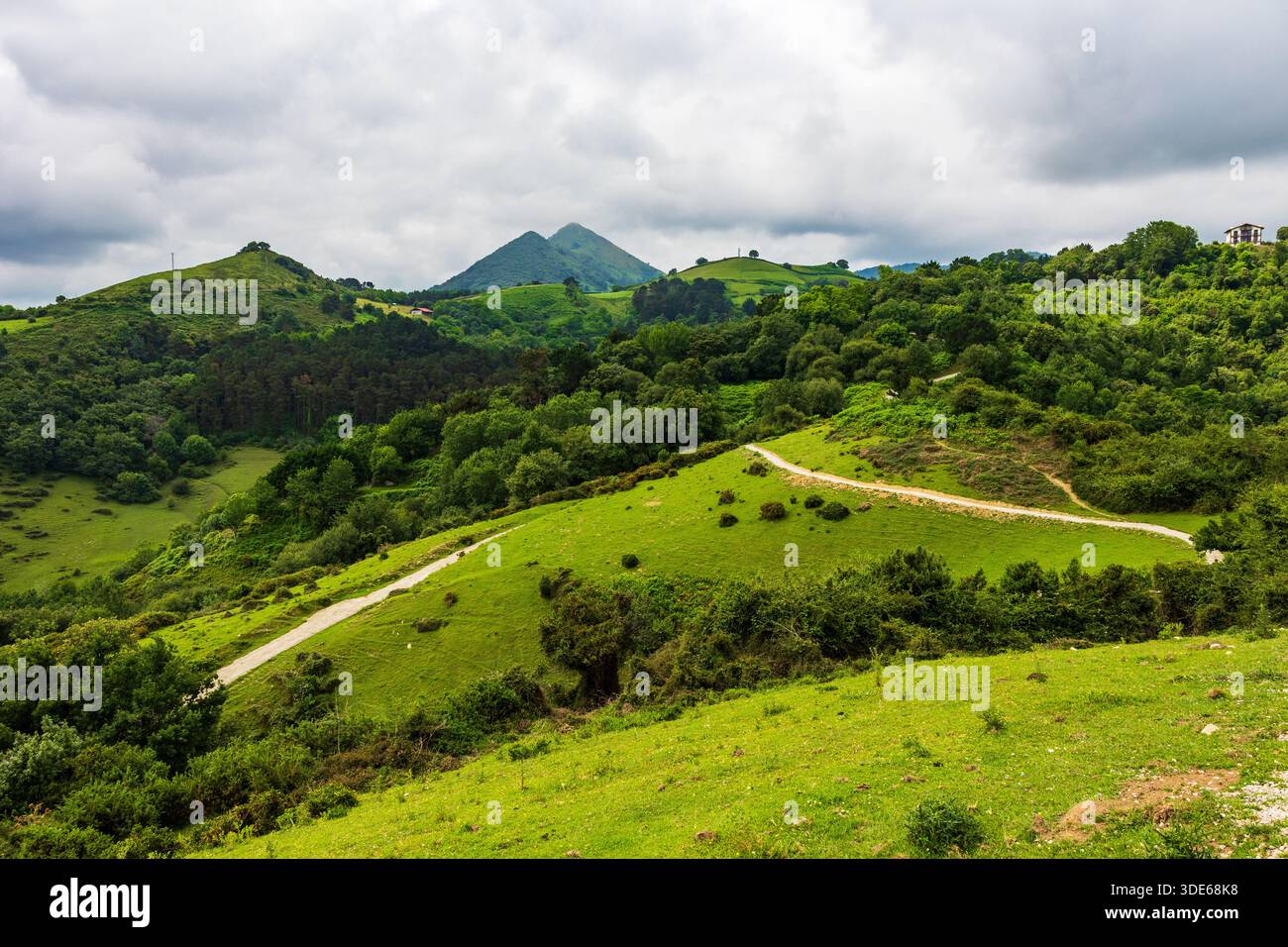 Vista panoramica delle verdeggianti colline interne dominate dal picco a forma di piramide di Andutz Foto Stock