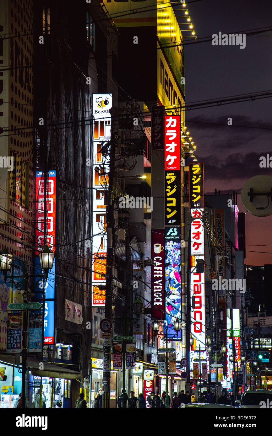 Cartelli illuminati in Nasan Dori Avenue di notte, Namba, Osaka, Giappone Foto Stock