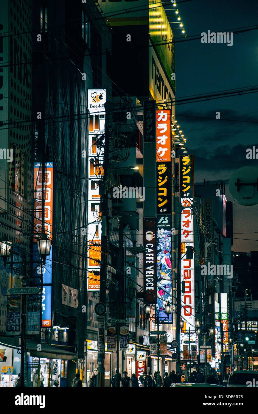 Cartelli illuminati in Nasan Dori Avenue di notte, Namba, Osaka, Giappone Foto Stock