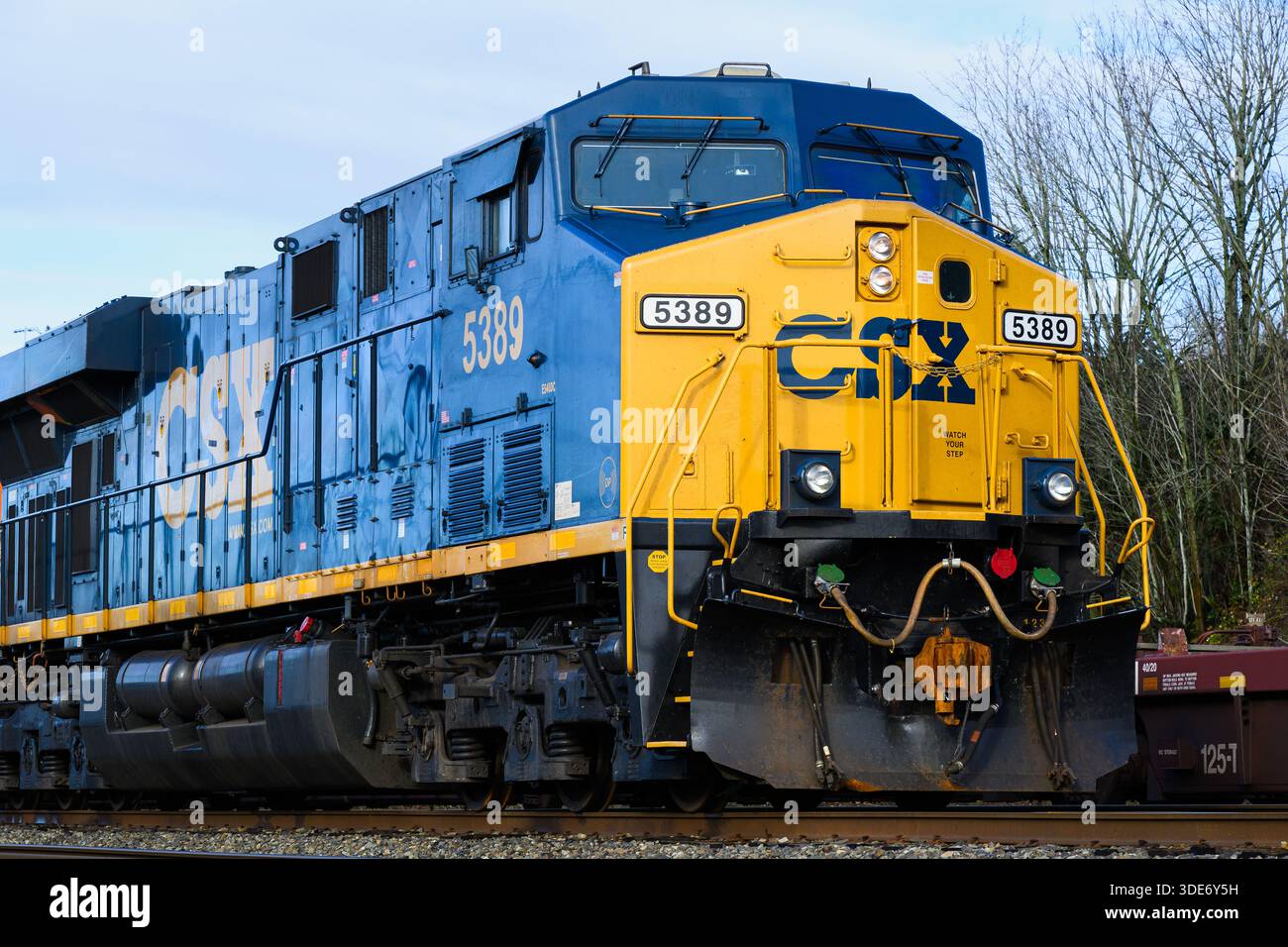 Seattle - 3 gennaio 2026; locomotiva CSX blu e gialla in primo piano con logo del marchio Foto Stock