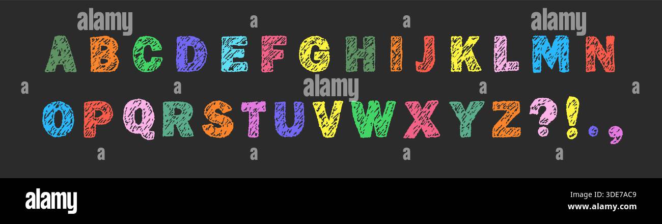 Pastello dell'alfabeto inglese. Carattere colorato e divertente con stile di scrittura a mano per bambini. Stile grunge. Illustrazione vettoriale Illustrazione Vettoriale