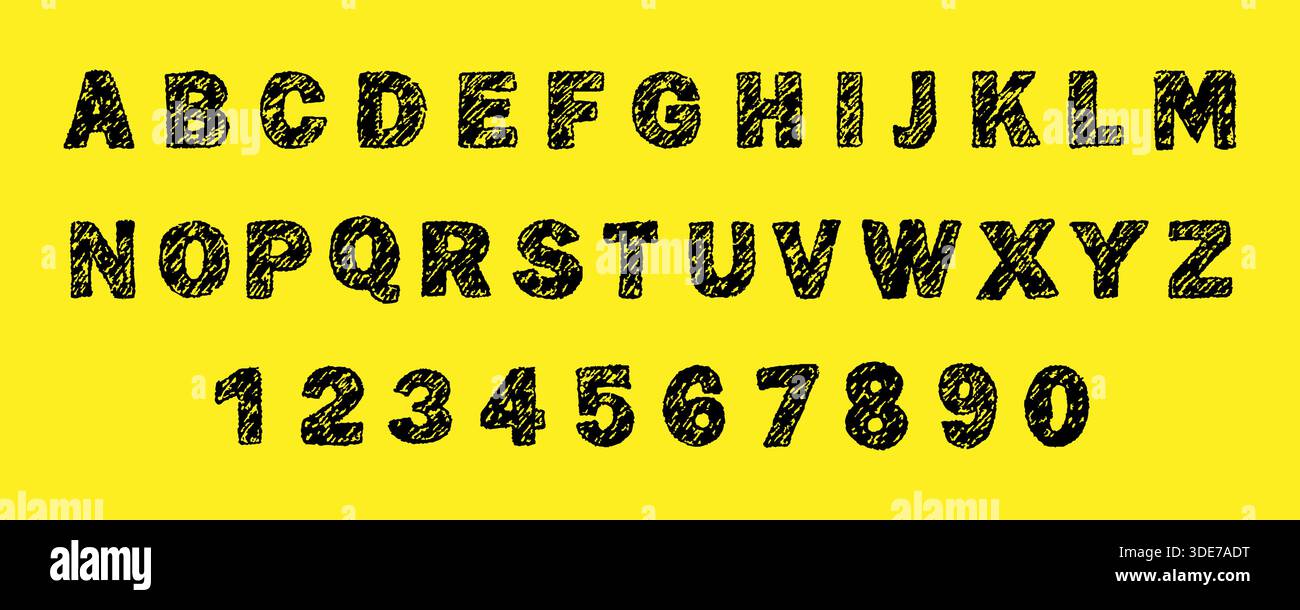 Pastello dell'alfabeto inglese. Font di scrittura infantile. Lettere e numeri grandi e in grassetto. Stile grunge. Illustrazione vettoriale Illustrazione Vettoriale