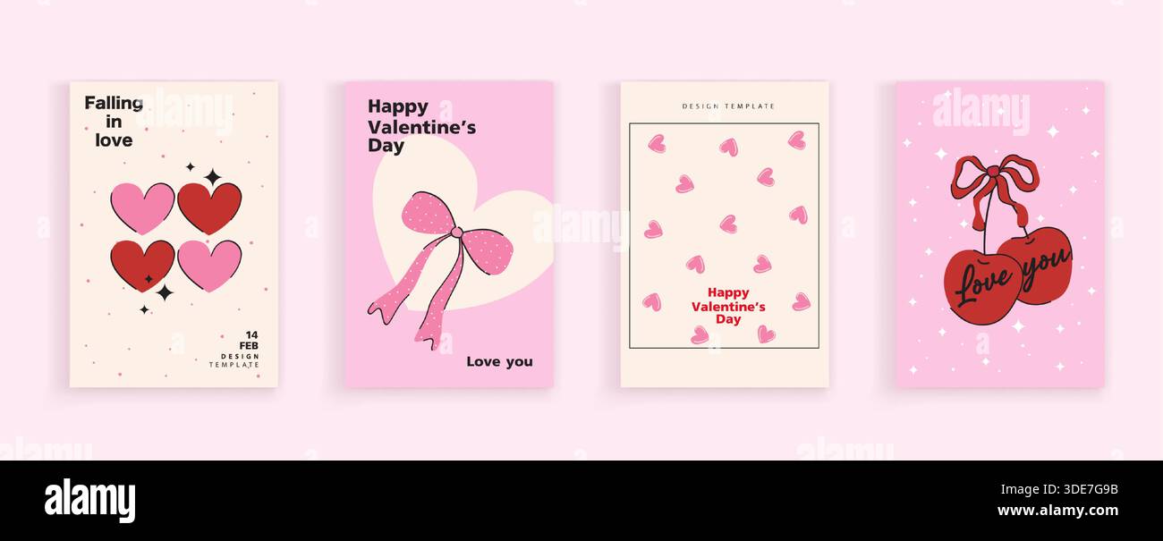 Set di biglietti di auguri per San Valentino. Cornici stravaganti disegnate a mano con archi e nastri eleganti. modello per poster, ba Illustrazione Vettoriale