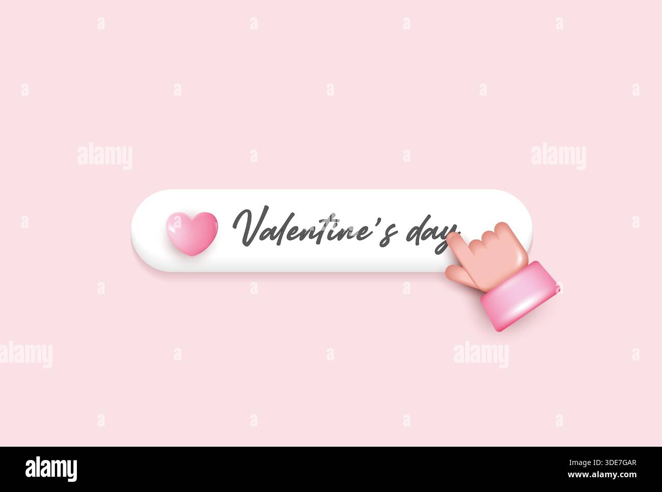 Grazioso pulsante di San Valentino con icona a forma di cuore rosa e clic con il cursore a mano, illustrazione 3D minima su sfondo pastello, concetto d'amore per l'interfaccia utente, banner Web, Illustrazione Vettoriale