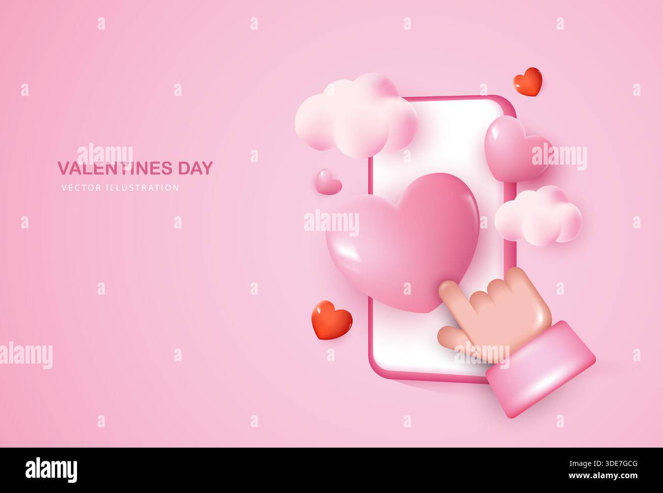 Illustrazione vettoriale rosa 3D di uno smartphone con bolle di Heart chat, nuvole e icone d'amore, che rappresentano i mi piace dei social media, appuntamenti online, messaggistica, Illustrazione Vettoriale
