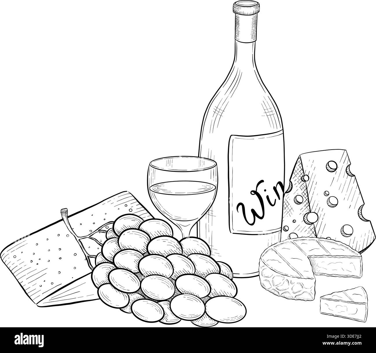 Collezione di formaggi, brie, camember, parmigiano e formaggio blu, assortimento di formaggi europei, fette, disegno inciso a inchiostro nero, isolato, trasparente Illustrazione Vettoriale