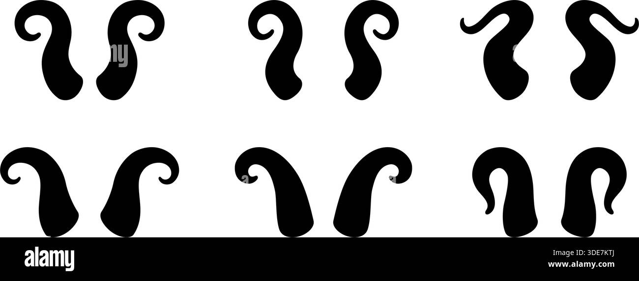 Raccolta di avvisatori acustici curvi. Corna di animali nere vettoriali. Ambientato per temi di illustrazione fantasia, gotica e decorativa Illustrazione Vettoriale
