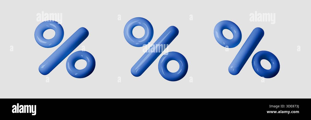 Impostare le icone di percentuale blu 3D su sfondo bianco. Simboli di sconto realistici per promozioni di vendita, offerte speciali e campagne di marketing retail con Illustrazione Vettoriale
