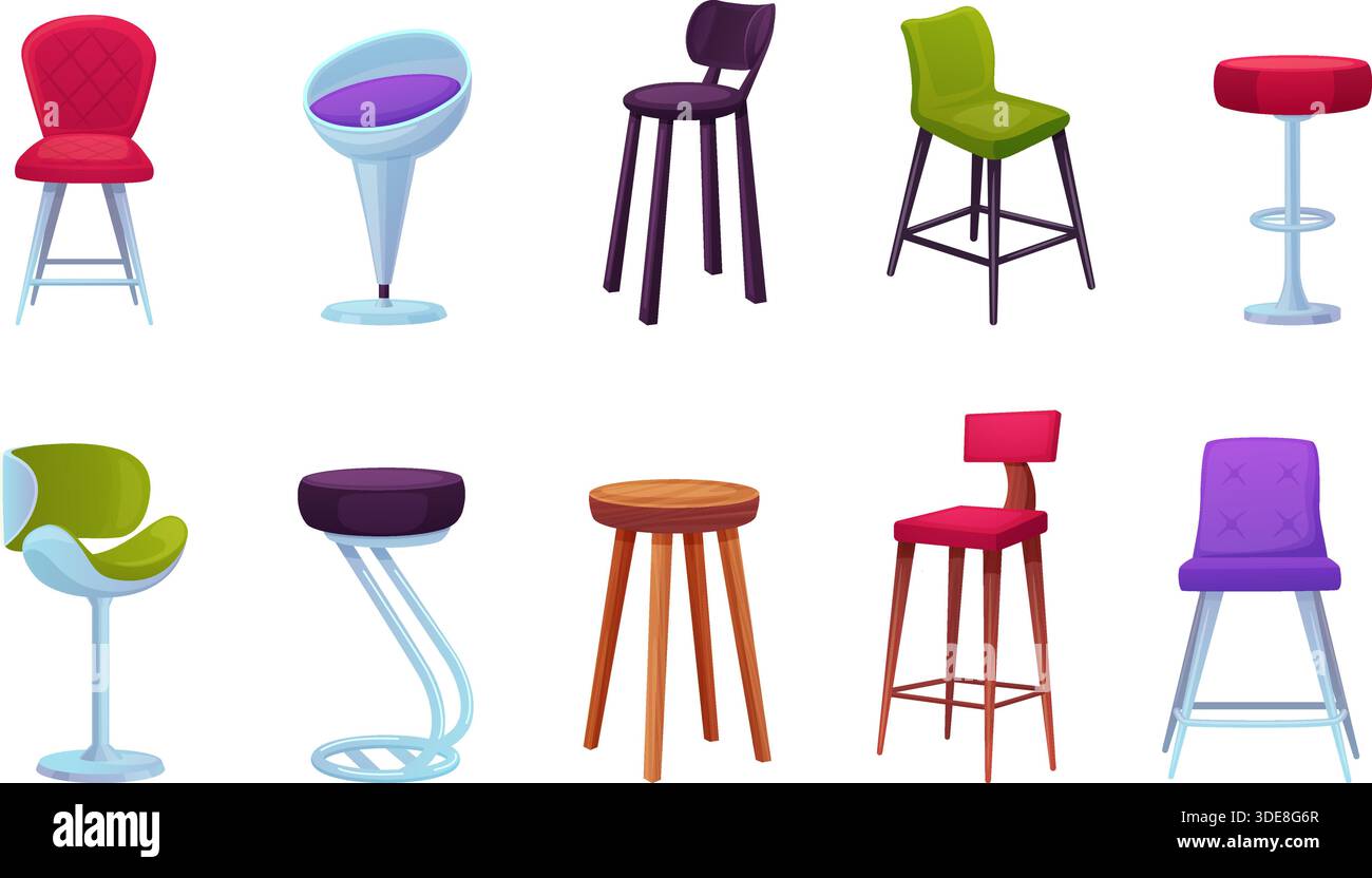 Sgabelli da bar con cartoni animati. Alto sgabello isolato per caffe', ristorante e bar sulla spiaggia. Sedie moderne e d'epoca, legno e metallo, mobili in plastica, set vettoriale Illustrazione Vettoriale