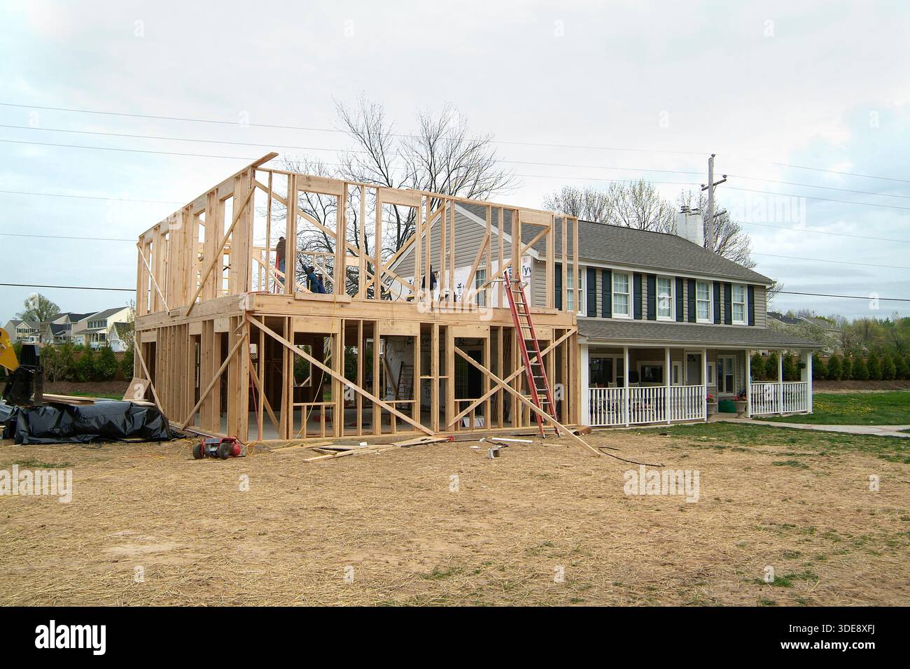 Un'aggiunta in costruzione a una casa residenziale in Pennsylvania, Stati Uniti Foto Stock