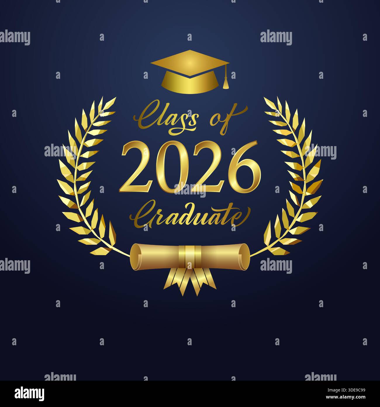 Classe 2026, premio per la laurea con corona dorata, brillante numero metallico 2026, mensa creativa e rotolo per diplomi. Premiare il design. Emblema decorativo Illustrazione Vettoriale