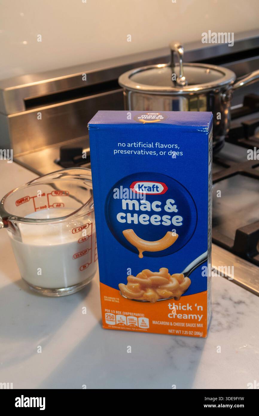Natura morta di una scatola di Kraft Mac & Cheese in una cucina residenziale, 2026, Stati Uniti Foto Stock