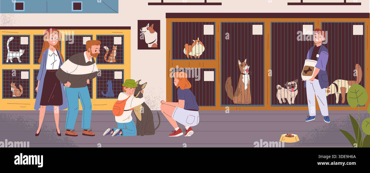 Persone in un rifugio per animali. Animali domestici senzatetto, cane randagio in famiglia famiglia adottare cucciolo in canile l'associazione benefica del nuovo proprietario aiuta l'adozione del compagno di animali domestici, illustrazioni vettoriali di classe, grafica originale Illustrazione Vettoriale