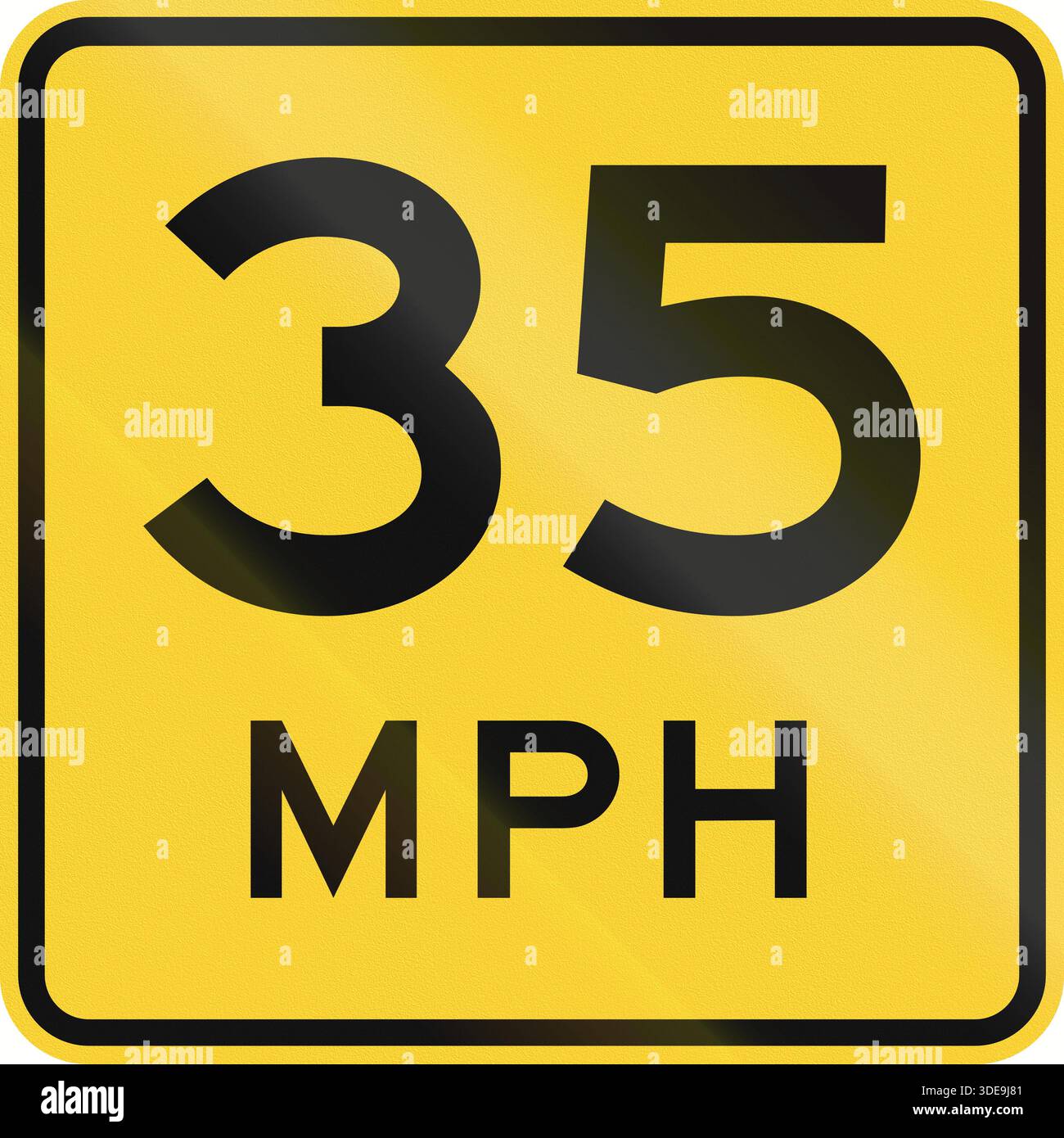 Segnale di avvertimento stradale USA: Velocità consigliata 35 mph Foto Stock