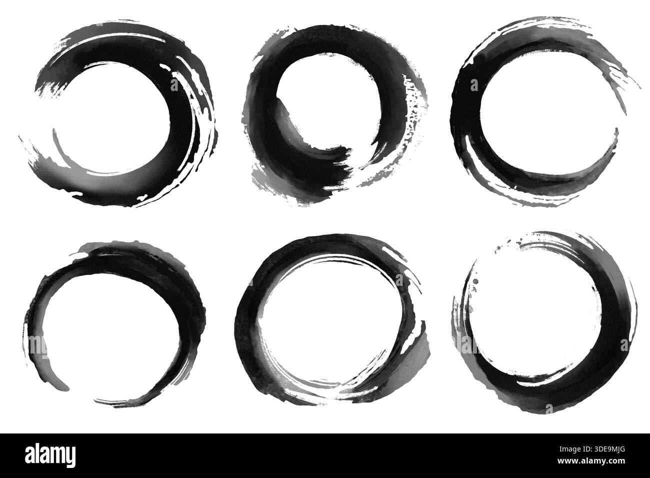 Set di cerchi Enso con inchiostro nero dipinto a mano. Simboli zen giapponesi astratti con texture di pennello grunge. Elementi minimalisti di calligrafia orientale i Illustrazione Vettoriale