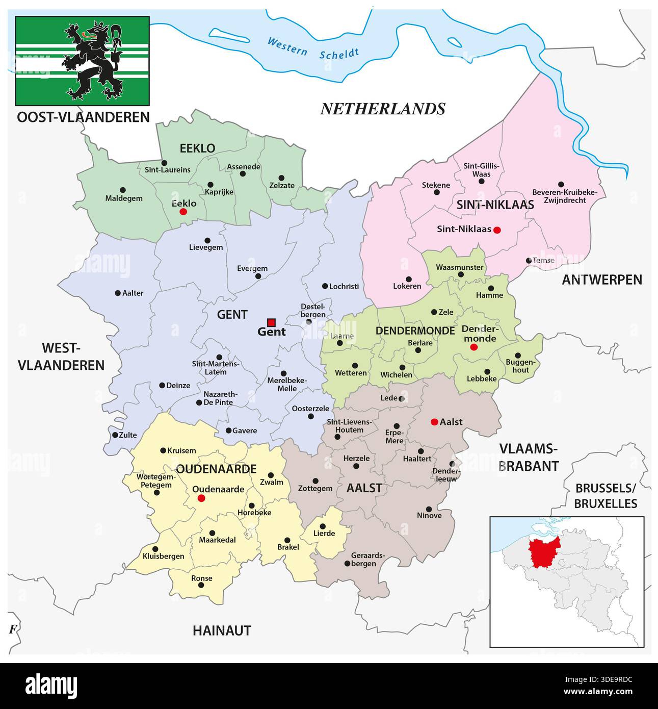 Mappa amministrativa della provincia belga delle Fiandre orientali Foto Stock