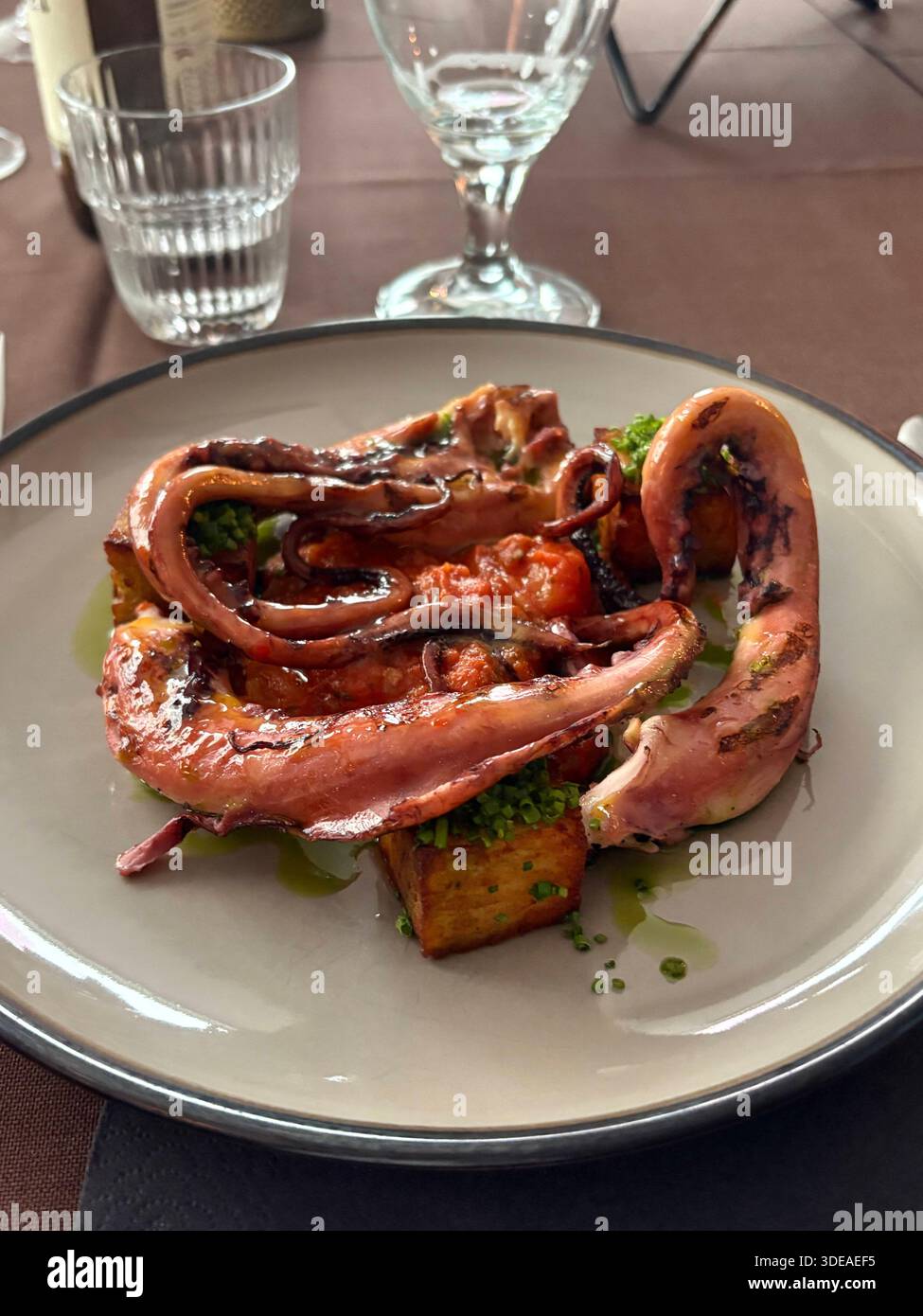 Piatto gourmet di polpo grigliato servito su patate dorate con salsa alle erbe e gocciolatoio di olio d'oliva - Immagine stock catturata con smartphone