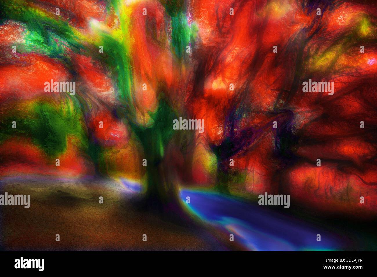 Scena albero astratto fantasia con colori vivaci e messa a fuoco morbida Foto Stock