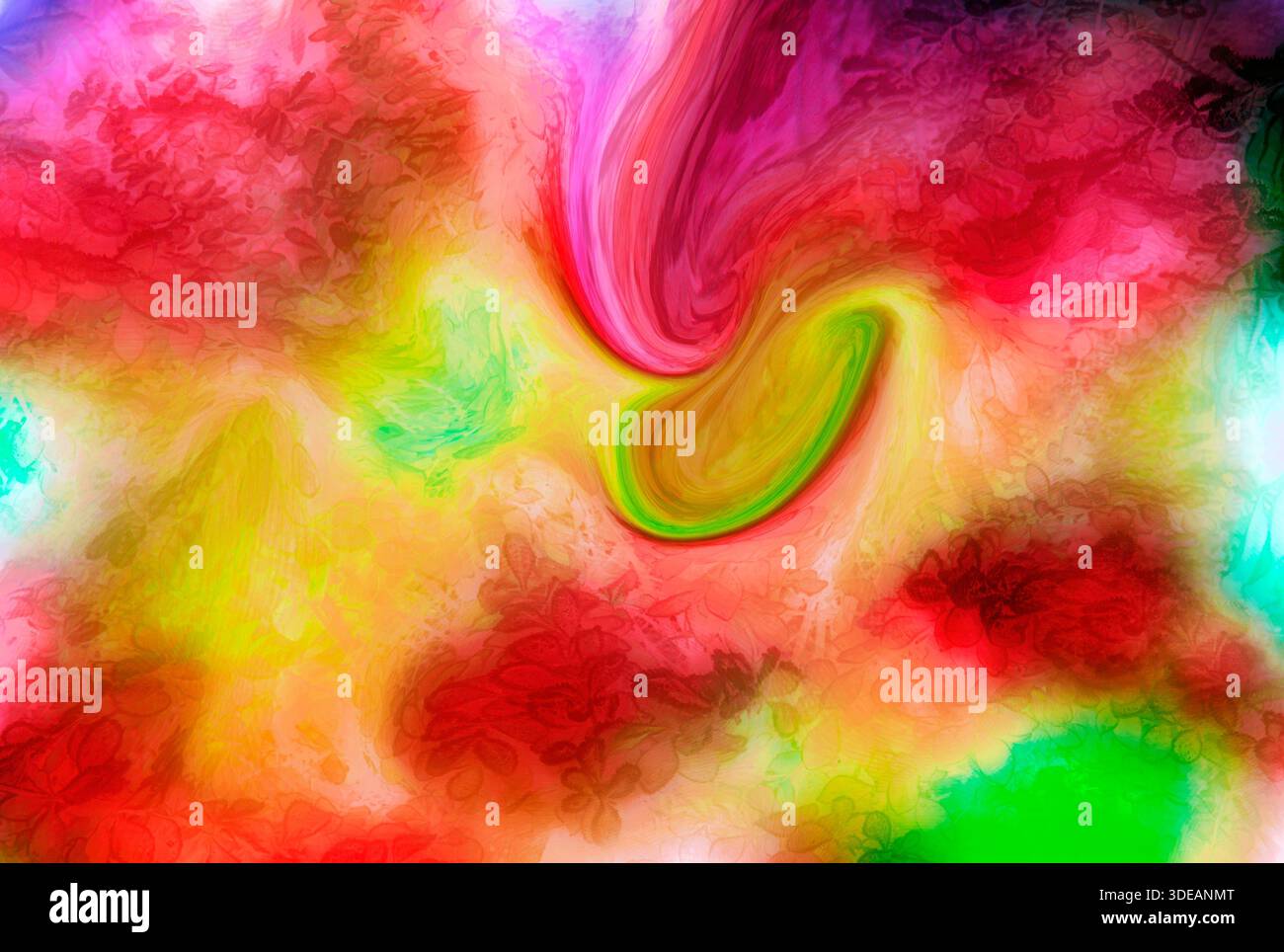 Una composizione astratta vivace e fluida caratterizzata da un arcobaleno di tonalità colorate, movimento vorticoso e una sottile texture floreale Foto Stock
