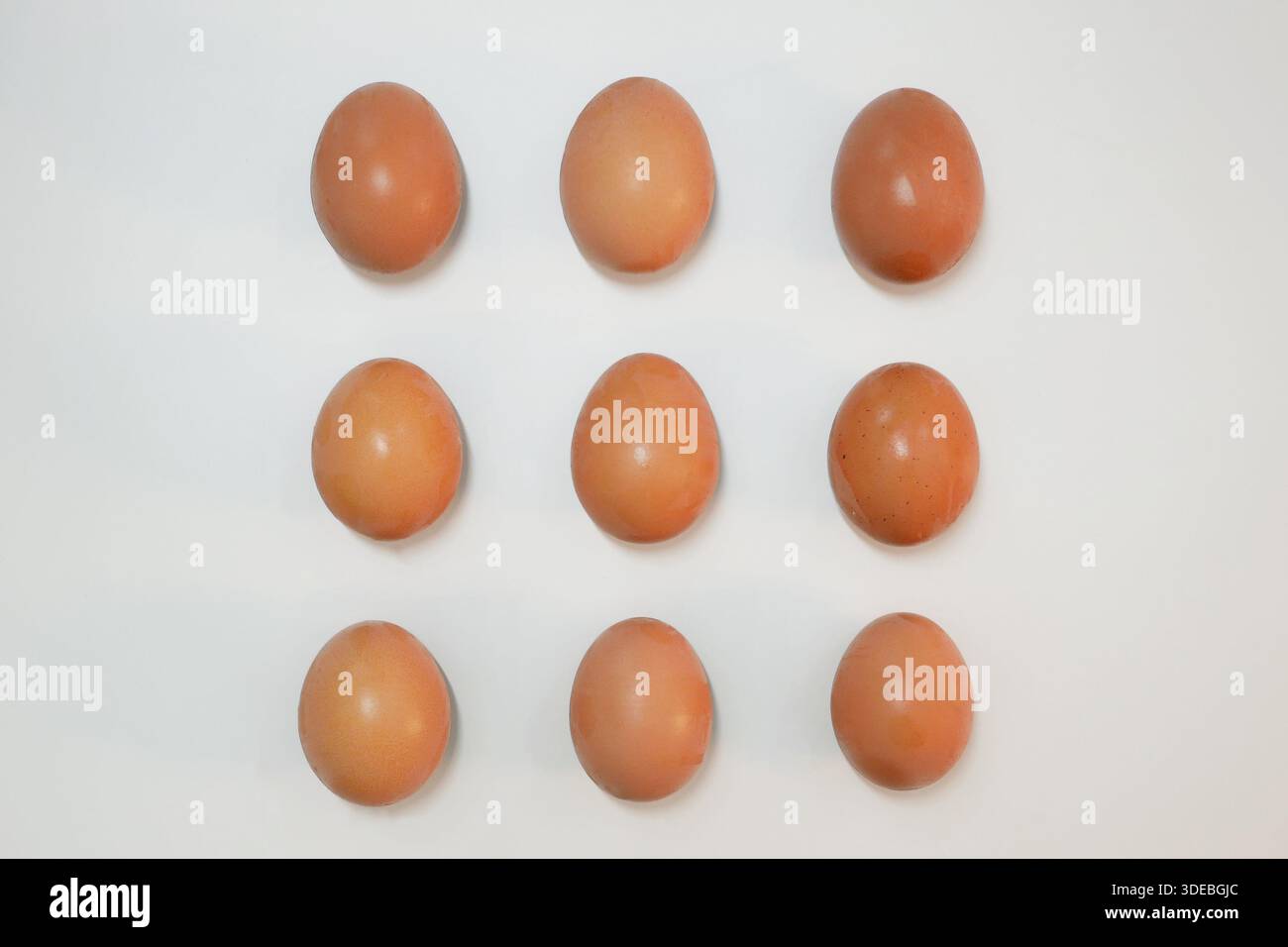 Deposizione piatta e minimalista di uova di pollo marroni su sfondo bianco. Concetto di aumento dei prezzi dei prodotti alimentari, inflazione, problemi nutrizionali. Per notizie, economia, cibo Foto Stock