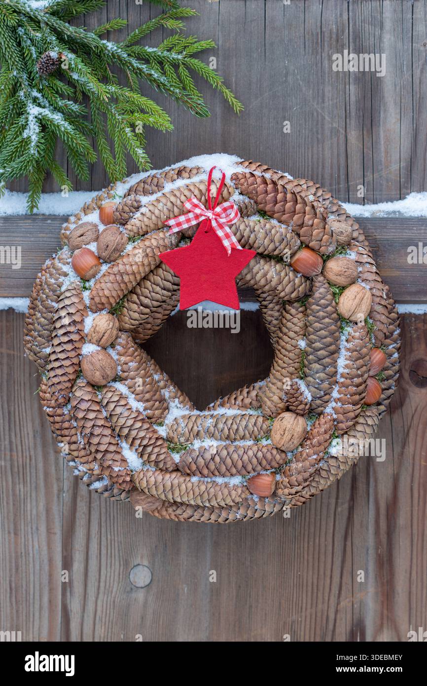 corona di coni di abete rosso, noci e nocciole appese alla porta di legno Foto Stock