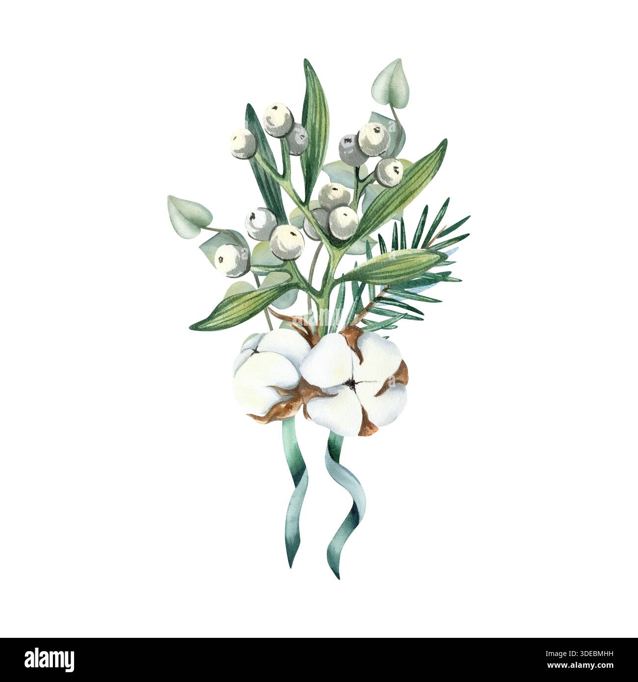 Mistletoe, ramo di abete rosso, cotone legato con nastro. Composizione dell'icona Christmas holly. Tradizionale bouquet invernale natalizio con frutti di bosco bianchi. Acquerello Foto Stock