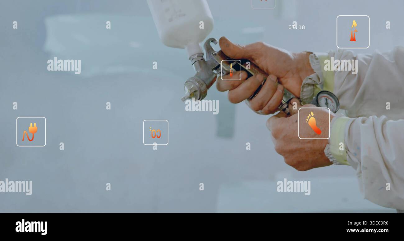 Pistola a spruzzo con tecnologia di presa, tazza bianca, icone dell'interfaccia utente nell'area di verniciatura, uso di tute, spazio di copia Foto Stock