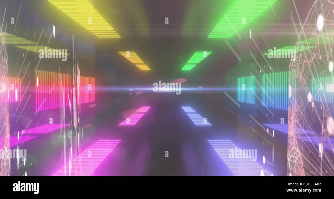 Corridoio futuristico luminoso che si estende verso il punto di scomparsa nel tunnel virtuale, con strisce al neon Foto Stock
