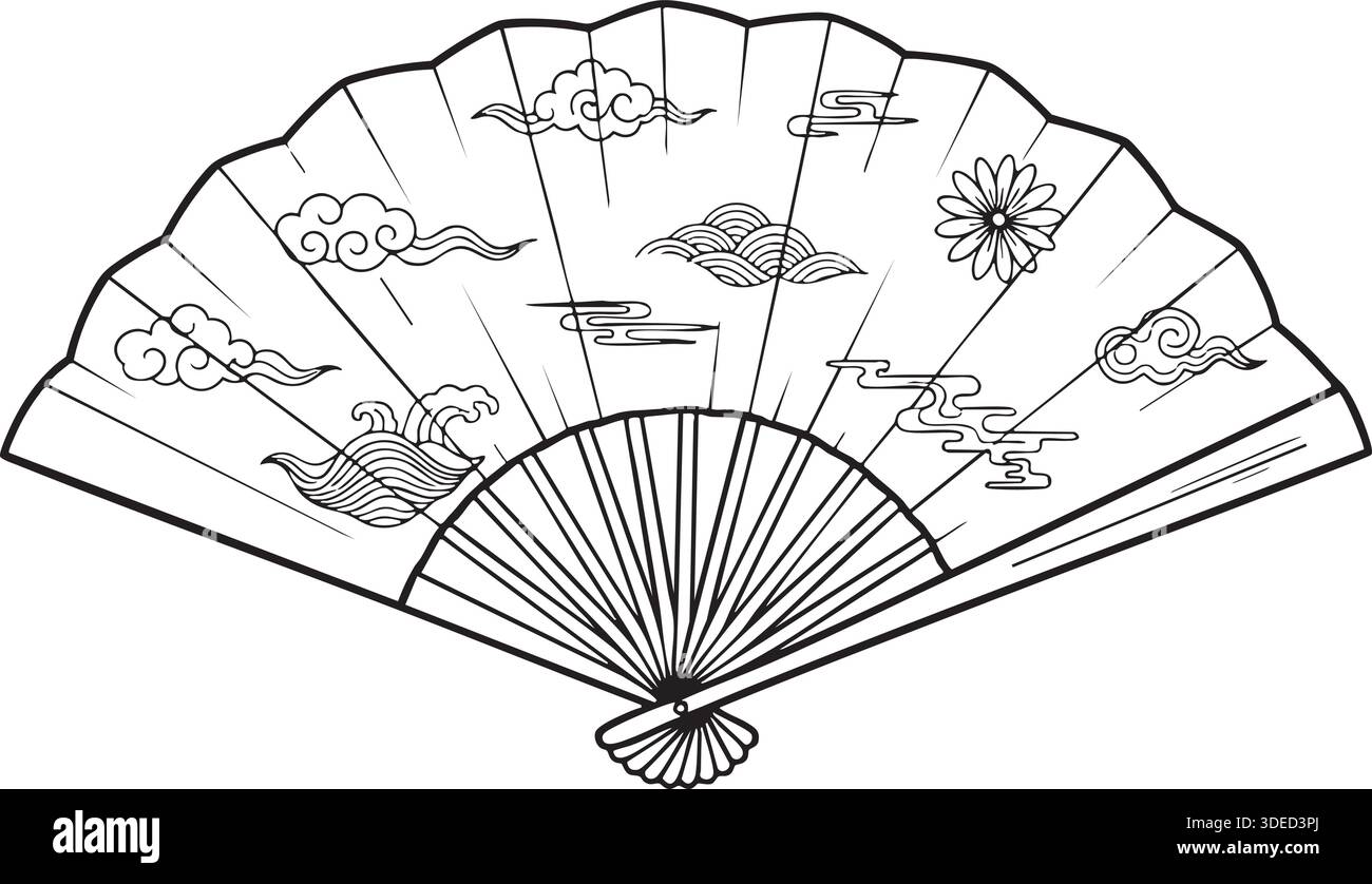 Illustrazione del ventilatore pieghevole cinese tradizionale in Black Line Art con nuvole decorative e onde isolate Illustrazione Vettoriale