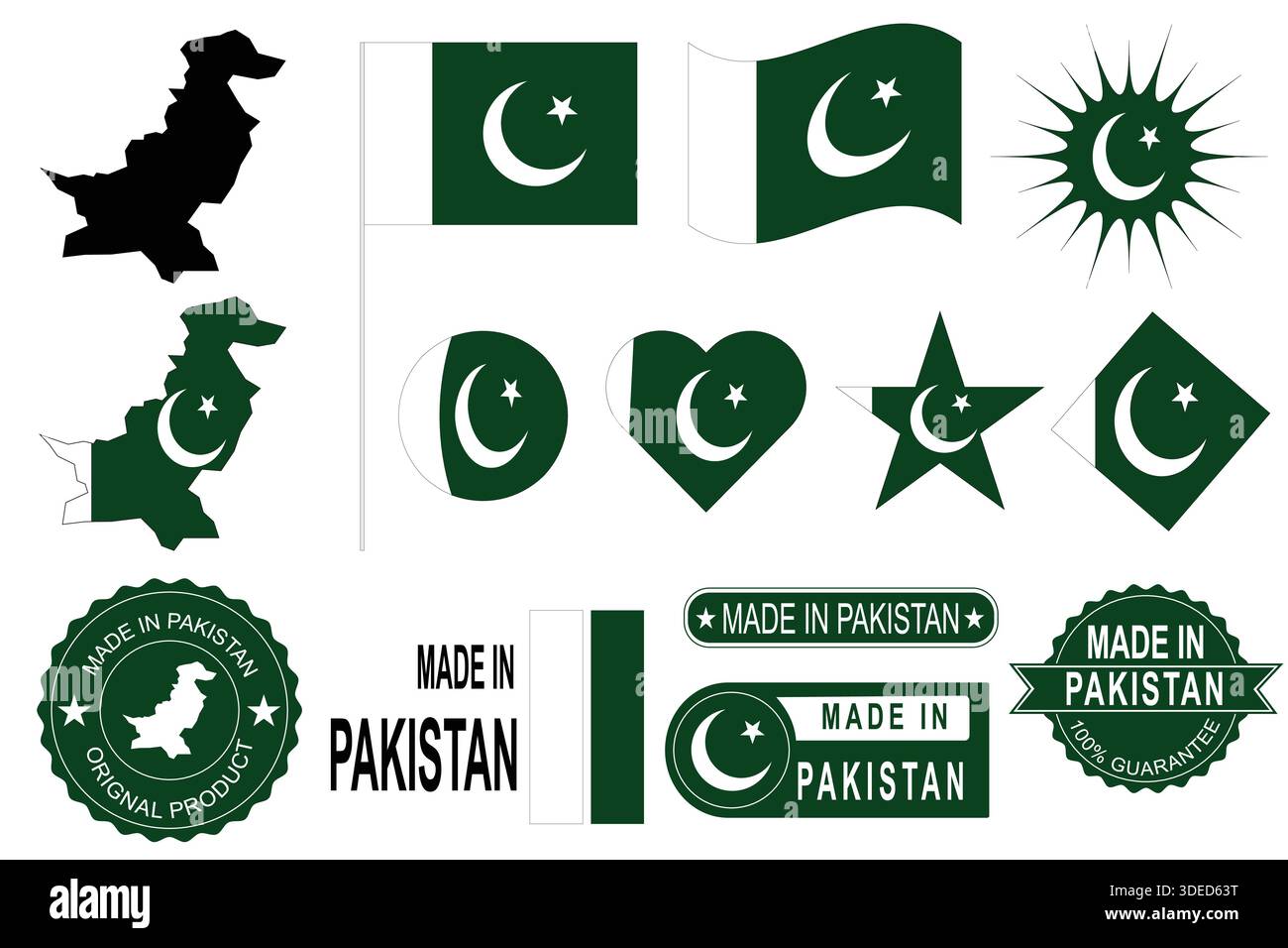 Simboli nazionali pakistani bandiere mappa e vettori di distintivi made in Pakistan. Adatto per progetti editoriali, educativi e commerciali. Illustrazione Vettoriale
