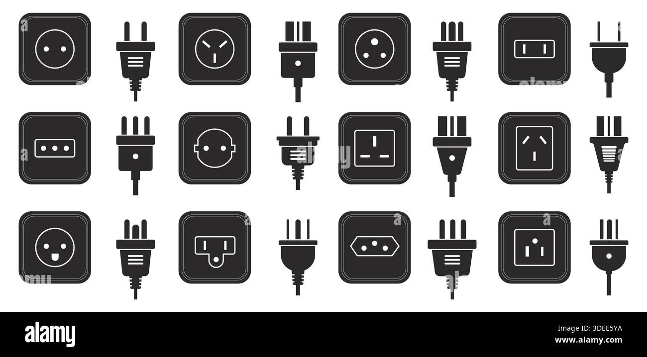 Icone nere dei tipi di prese elettriche. Diversi standard mondiali di spine e prese, europa, asia o noi, fonti di alimentazione elettrica internazionali Illustrazione Vettoriale