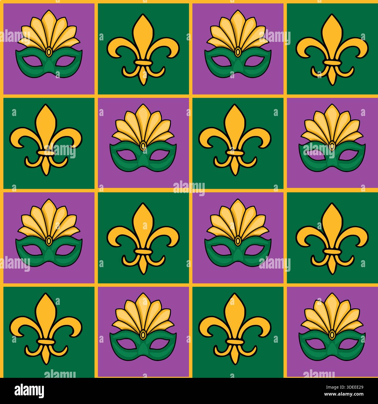 Un motivo vettoriale senza cuciture con maschere del Mardi Gras e simboli Fleur-de-lis in vivaci quadrati viola, verde e oro. Illustrazione Vettoriale