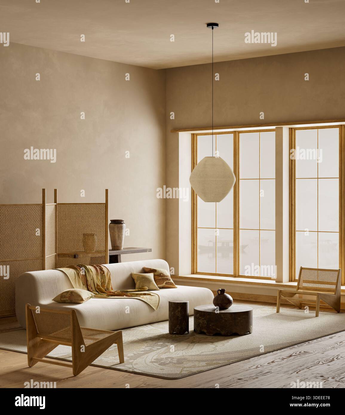 Il design minimale del salotto giapponese combina mobili in legno naturale, tessuti morbidi e calde tonalità neutre per un ambiente sereno, equilibrato e contemporaneo Foto Stock