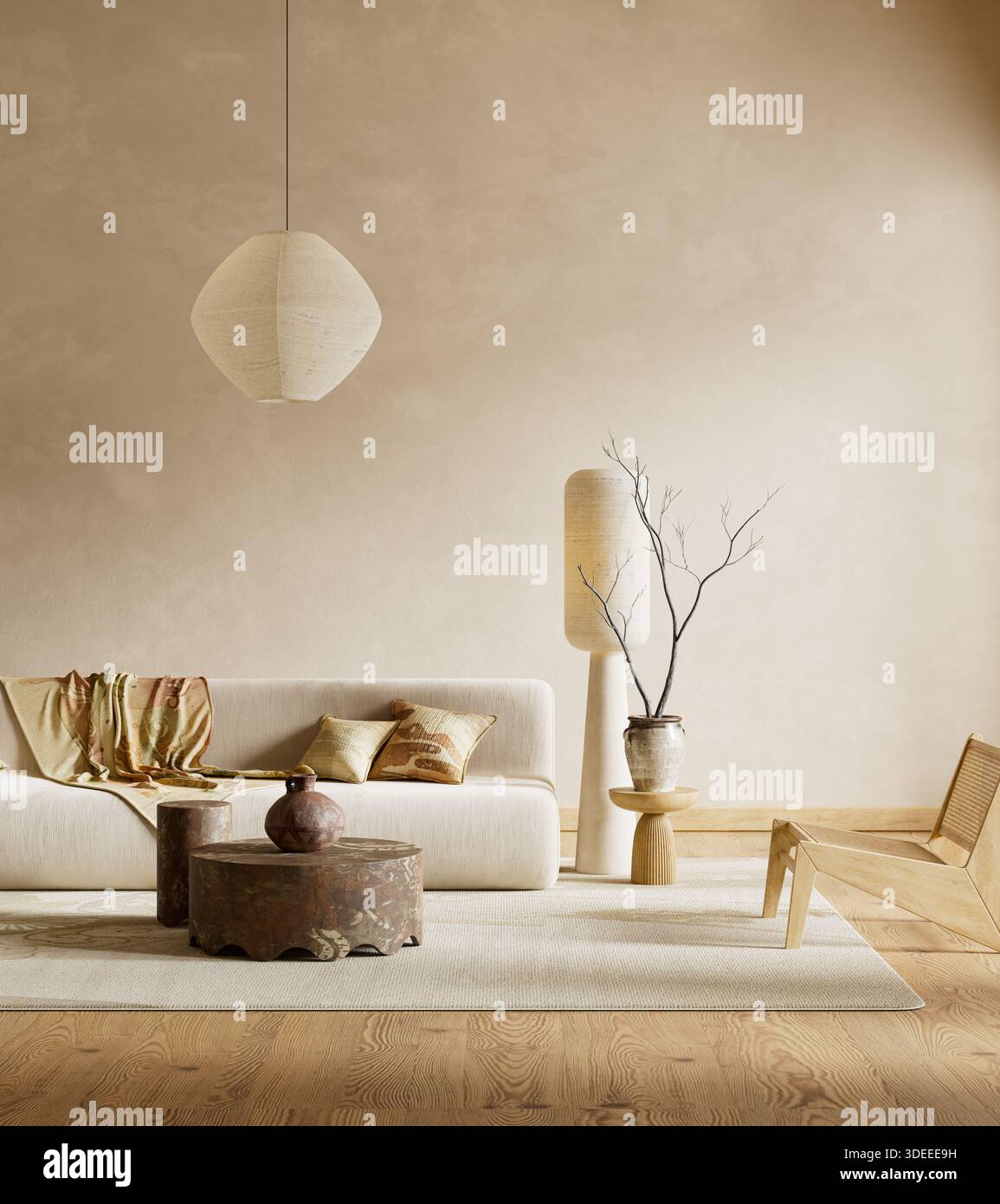 Soggiorno minimal Japandi con ampio spazio negativo, materiali naturali e tonalità neutre, ideale per sfondi puliti, uso editoriale e visivo Foto Stock