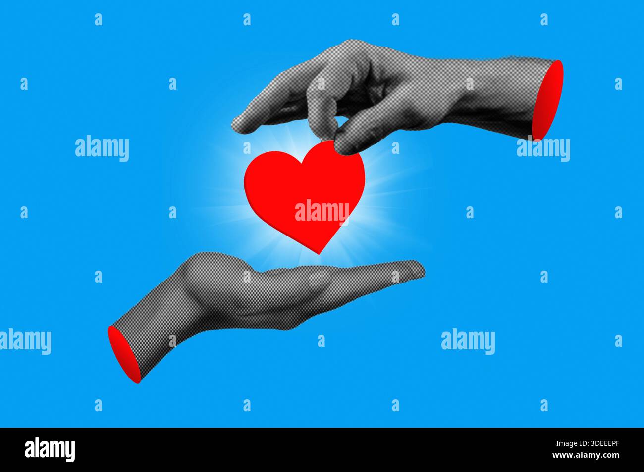 Lancette con il simbolo rosso del cuore in mezzitoni per lo stile collage di San Valentino. Mano Mans che mette un cuore nella mano delle donne. Concetto di San Valentino. Foto Stock