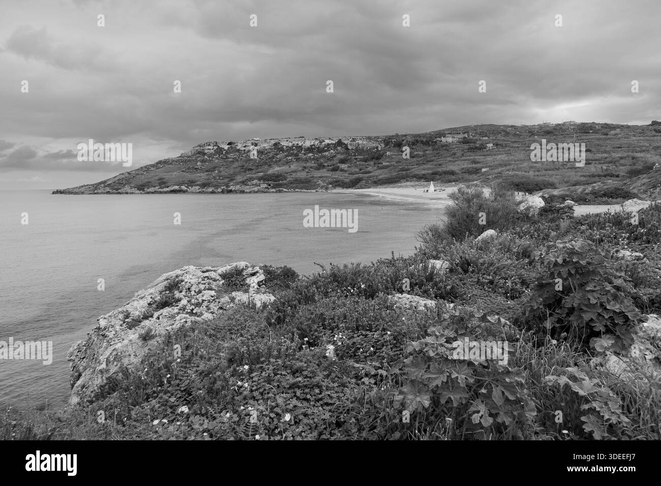 Paesaggio costiero bianco e nero con mare Mediterraneo calmo, costa sabbiosa e colline ondulate, creando una scena senza tempo e minimalista con drammaturgia Foto Stock