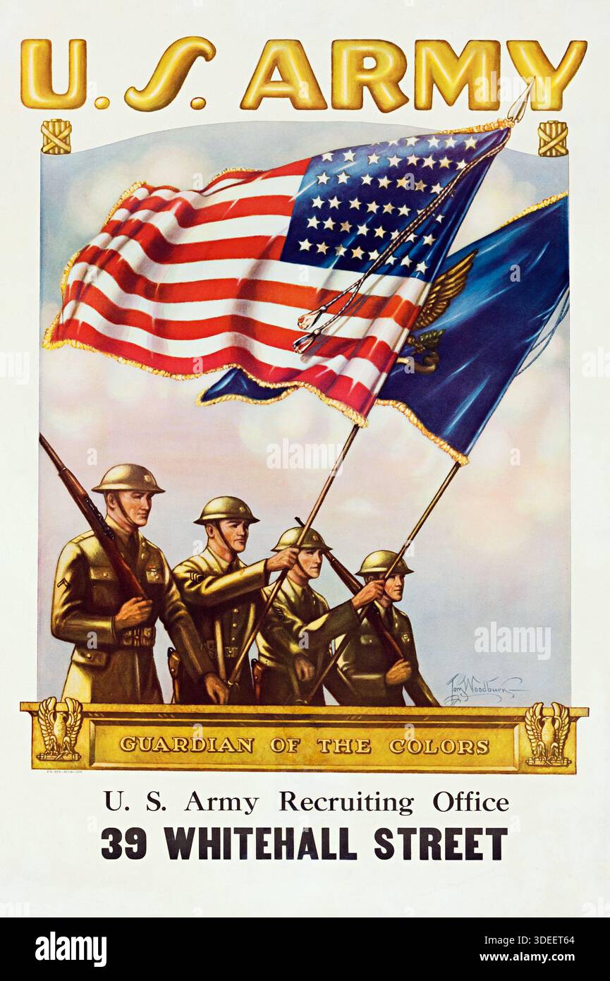 Poster della propaganda pre-seconda guerra mondiale (Ufficio stampa del governo degli Stati Uniti, 1936). Poster dell'esercito degli Stati Uniti. Poster di reclutamento Foto Stock
