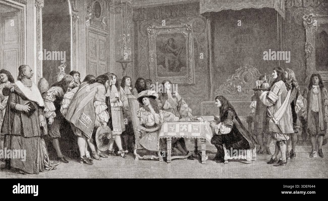 Luigi XIV e Moliere, dopo il dipinto di Jean-Léon Gérôme. Luigi XIV, 1638 – 1715, noto anche come Luigi il dono di Dio, Luigi il grande o Re Sole. Re di Francia. Jean-Baptiste Poquelin, conosciuto con il suo nome d'arte Molière, 1622 - 1673. Drammaturgo e attore francese. Foto Stock